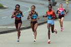 Tirunesh Dibaba, Meseret Defar and Priscah Jeptoo start to move away from the rest of the field in the BUPA Great North Run.